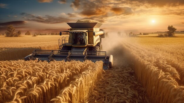 Una cosechadora está trabajando en un campo con una puesta de sol en el fondo.