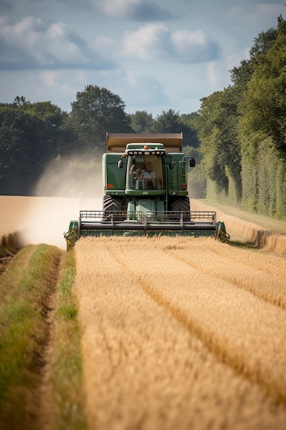 Una cosechadora está trabajando en un campo de trigo.