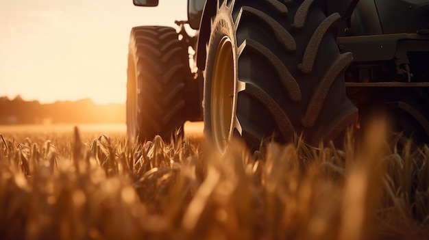 Cosechadora moderna generativa AI closeup en un campo de trigo granja paisaje agrícola