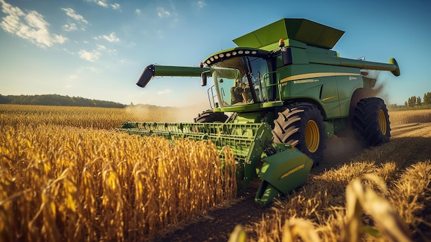 Cosechadora que recoge trigo de los campos de un granjero