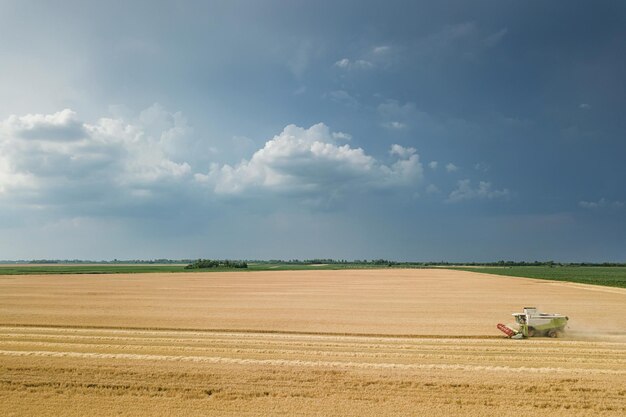 Cosechadora trabajando en un campo de trigo. Vista aérea de la cosechadora.