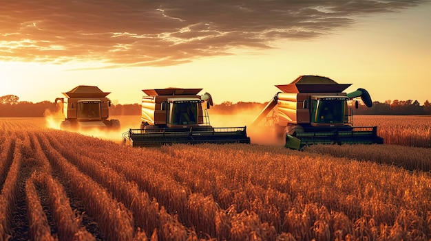 Cosechadoras de granos Las cosechadoras cosechan grano de trigo del campo en verano al atardecer en áreas rurales IA generativa
