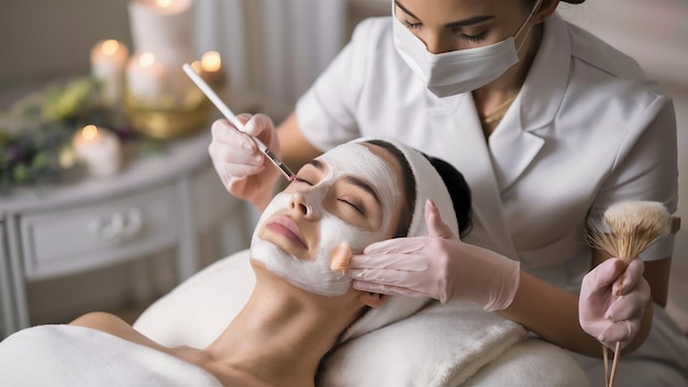 Cosmética aplicando máscara facial com pincel no rosto da mulher