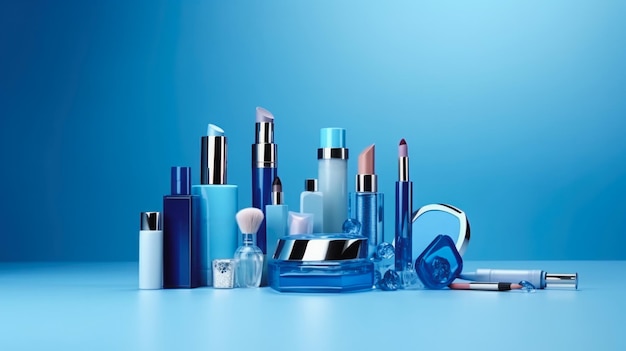 Foto cosmética de beleza maquiagem na mesa escovas de batom coleção de esmalte de unhas em fundo azul