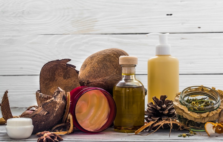 Foto cosmética natural, producto ecológico, crema y aceite aromáticos