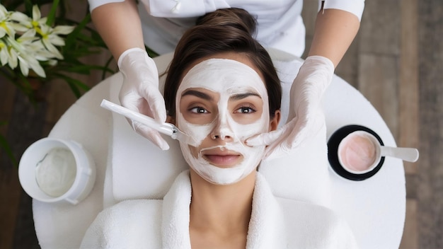 Cosmético aplicando máscara facial de belleza para una joven y hermosa mujer en el salón de spa