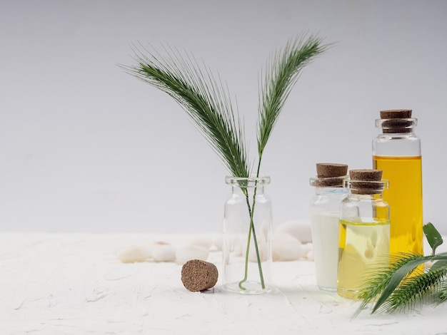 Cosmético casero para el cuidado de la piel. aceite esencial, experimente e investigue con extracto de hoja, aceite e ingredientes para obtener belleza natural y productos cosméticos orgánicos para el cuidado de la piel.