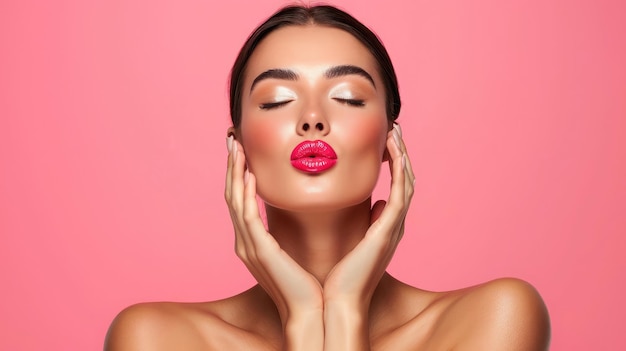 Foto cosméticos y cuidado de la piel retrato de una hermosa mujer con labios fruncidos besándose mostrando una piel facial limpia y natural de pie sobre fondo rosa