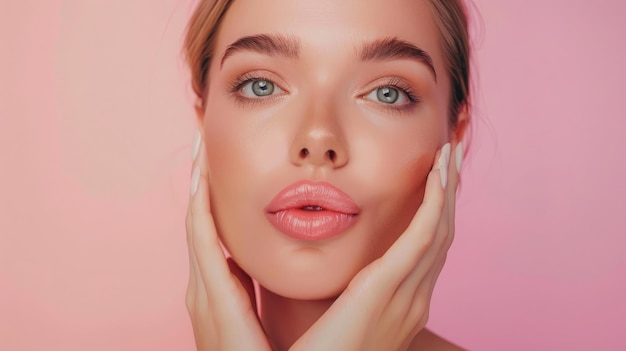 Foto cosméticos y cuidado de la piel retrato de una mujer hermosa labios arrugados besándose mostrando piel facial limpia natural de pie sobre fondo rosa