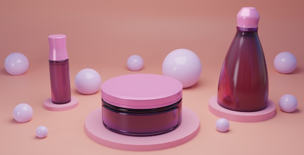 cosméticos e branding em fundo rosa superfície