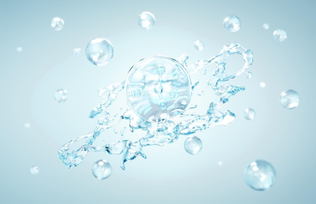 Cosméticos Hydro Essence agua para humectante Burbuja de salpicadura líquida o estructura química de la molécula en el fondo del agua Cosméticos Tratamiento de energía hidroeléctrica Producto natural purificador Representación 3d