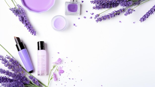 Cosméticos de lavanda en blanco Vista superior