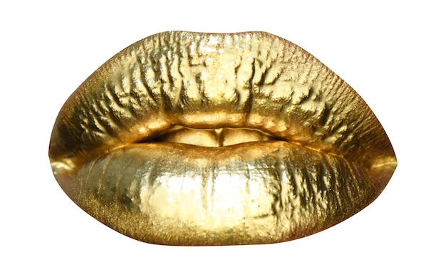 Cosméticos y maquillaje Labios dorados lápiz labial y brillo Labios sensuales y sexy Labios dorados primer plano Labio de metal dorado Aislado en blanco