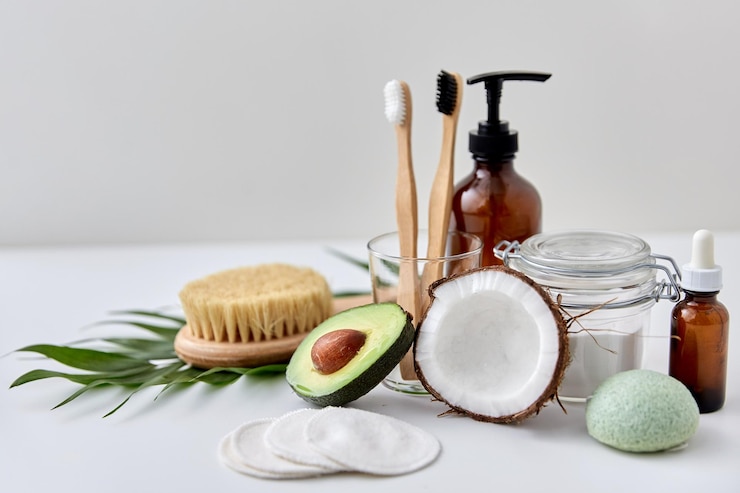 Foto cosméticos naturais, produtos para o cuidado corporal e higiénicos