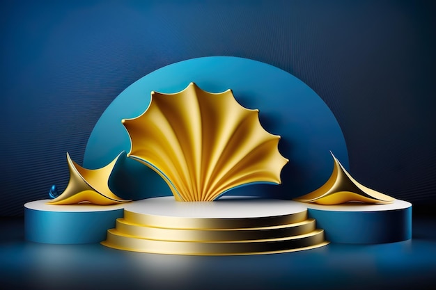 Cosméticos de podio de oro azul vacío Presentación de productos de lujo estrella de mar concha de mar