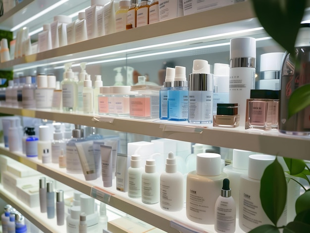 Cosméticos y productos para el cuidado de la piel en los estantes de las tiendas de belleza