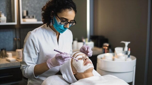 Cosmetologista aplicando máscara no rosto de um cliente em um salão de beleza