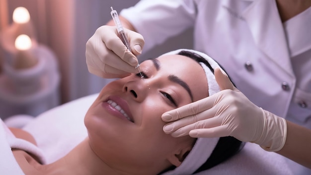 Cosmetologista de mesoterapia com agulha realiza mesoterapia de agulha no rosto de uma mulher