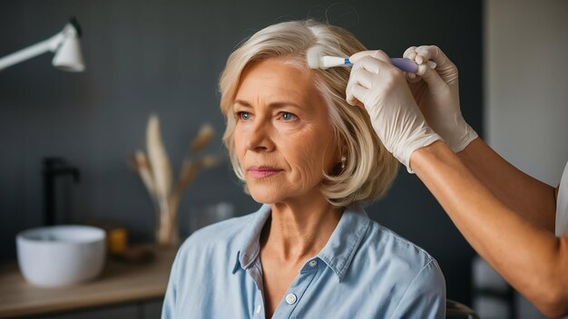 Foto cosmetologista faz terapia de prp contra perda de cabelo de uma mulher loira sênior em um salão de beleza
