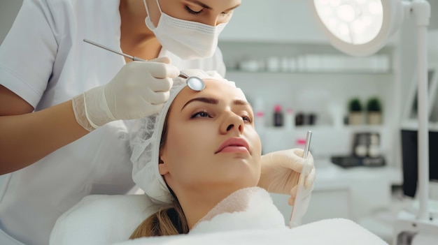 Cosmetologista focado em um casaco branco realiza um tratamento facial em um cliente em um ambiente clínico com equipamentos avançados de cuidados com a pele e prateleiras de produtos no fundo
