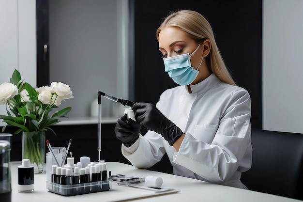 Cosmetólogo con guantes negros, máscara facial y uniforme blanco sentado en la mesa durante el proceso de llenar la jeringa con plasma de un tubo de sangre Salón de belleza Concepto de tratamiento de belleza moderno