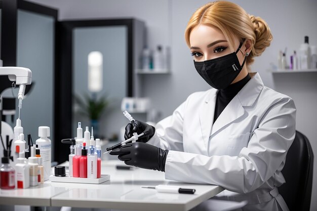 Foto cosmetólogo con guantes negros, máscara facial y uniforme blanco sentado en la mesa durante el proceso de llenar la jeringa con plasma de un tubo de sangre salón de belleza concepto de tratamiento de belleza moderno