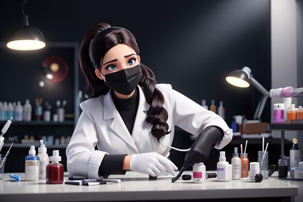 Cosmetólogo con guantes negros, máscara facial y uniforme blanco sentado en la mesa durante el proceso de llenar la jeringa con plasma de un tubo de sangre Salón de belleza Concepto de tratamiento de belleza moderno