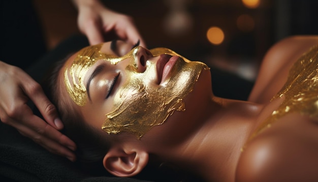 Foto cosmetólogo que crea una máscara facial de lámina de oro para el tratamiento de spa para mujeres