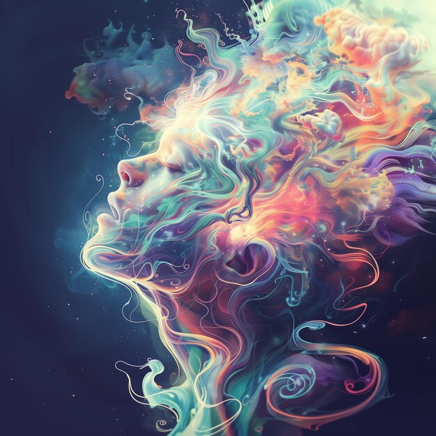 Cosmic Dreamscape Um rosto de mulher fundindo-se com um turbilhão psicodélico de cores cósmicas