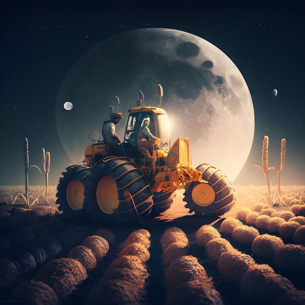Cosmonauta montando un tractor en un campo en la luna en la caminata espacial haciendo agricultura y agricultura