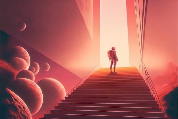 El cosmonauta sube las escaleras Spaceman parado en las escaleras futuristas y mirando la luz al final Pintura de ilustración de estilo de arte digital