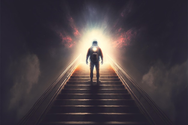 El cosmonauta sube las escaleras Spaceman parado en las escaleras futuristas y mirando la luz al final Pintura de ilustración de estilo de arte digital