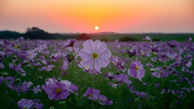 El cosmos en el campo con la puesta de sol