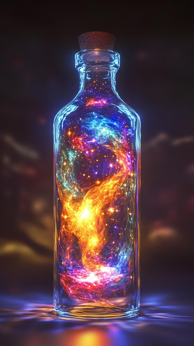 Foto el cosmos envuelve una botella que contiene el tejido del universo