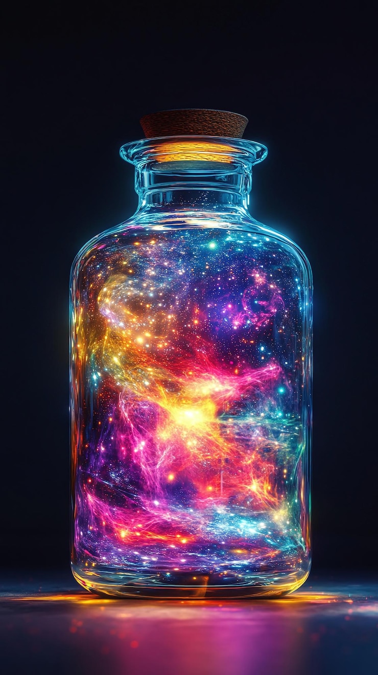 Foto el cosmos envuelve una botella que contiene el tejido del universo
