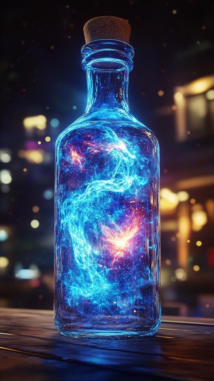 Foto el cosmos envuelve una botella que contiene el tejido del universo