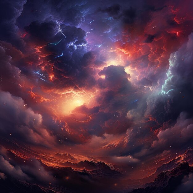 Foto cosmos místico asombroso paisaje de nubes inspiradoras con zarigüeyas ardientes y nebulosa metálica