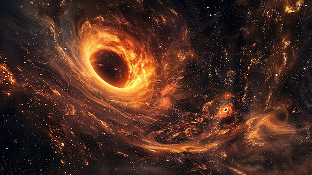 Un cosmos vibrante con tonos naranjas con vacíos galácticos y un agujero negro contra un telón de fondo oscuro