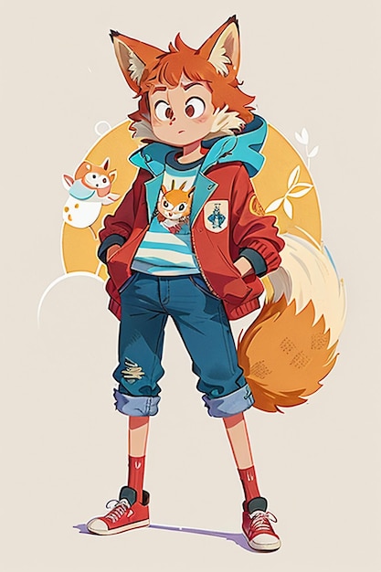 Cosplay-Fuchs-förmiger Junge, Sonnenschein, hübsche Cartoon-Anime-Tapete, Hintergrundillustration