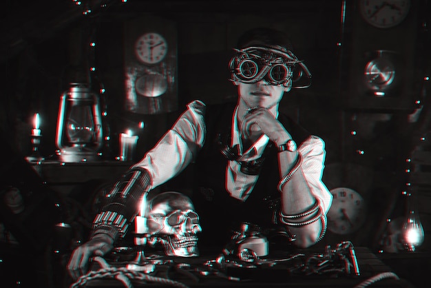 Cosplay steampunk hombres en gafas cyberpunk Realidad virtual 3d en blanco y negro