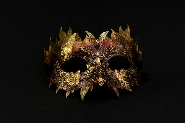 Foto cosplay, venezianische maske in gold und rot mit metallischen stücken in form von blättern. originelles und einzigartiges design, kunsthandwerk