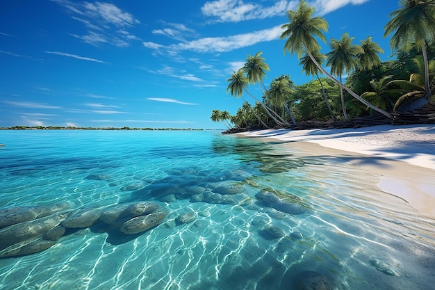 Costa arenosa com palmeiras e água azul-turquesa no paraíso tropical