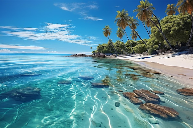 Costa arenosa com palmeiras e água azul-turquesa no paraíso tropical