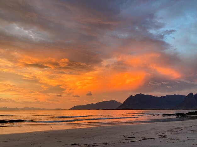 costa arenosa de Escandinavia por la noche durante el día polar en Lofoten Noruega