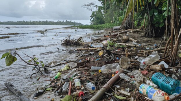 Una costa contaminada con basura plástica esparcida entre los escombros naturales que destaca la necesidad de esfuerzos de limpieza de playas y prácticas sostenibles de gestión de residuos