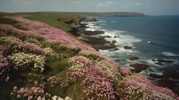 Costa cubierta de flores rosadas por el mar Generaitve AI