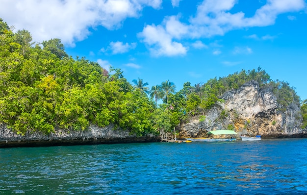 Costa de uma ilha tropical rochosa em um dia ensolarado. Cais e barcos pequenos. Telhados de uma pequena aldeia em matagais entre palmeiras