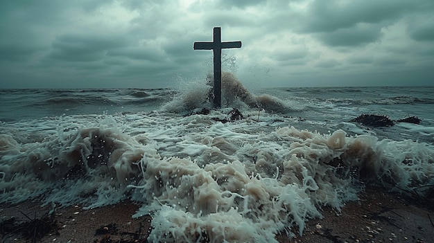 Una costa desolada con una cruz solitaria en el fondo