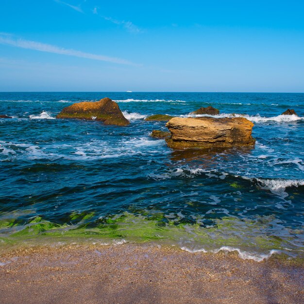 Costa do mar com água azul das rochas e fundo sazonal natural do verão do céu claro