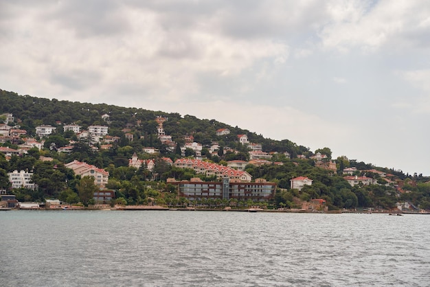 Costa de la isla con vista de edificios y árboles desde el agua